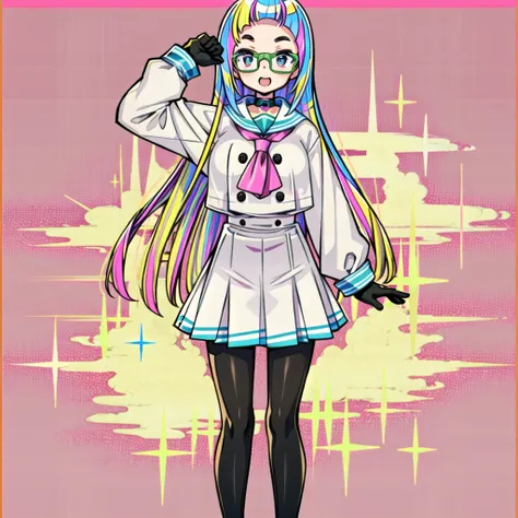 (best quality),1girl,solo,gloves,long hair,sailor collar,asymmetrical legwear,multicolored hair,skirt,smile,green pantyhose,pink hair,full body,asymmetrical gloves,mismatched gloves,glasses,mismatched legwear,standing,pink pantyhose,pantyhose,looking at vi...