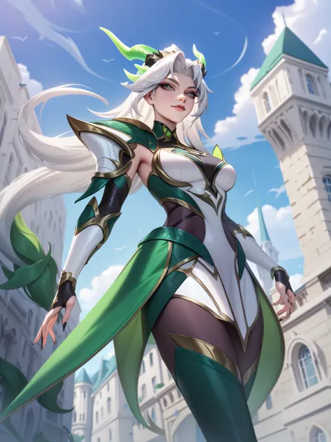 <lora:LoL_Splash_Art-DoRA_V1:0.85>
very aesthetic, newest, best quality, masterpiece, absurdres, 1girl, long hair, white hair, grey eyes, medium breasts, armor, dragon horns, green trim, looking at viewer, cowboy shot, building, day, sky, clouds