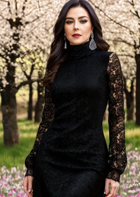 HDR photo of captivating masterpiece of an woman, (((black dress with turtleneck made of lace))), long earrings, (half body shot), in a meadow with blossoming cherry trees, blurred background, sunlight, shallow depth of field, 8k,rich details, highly detai...