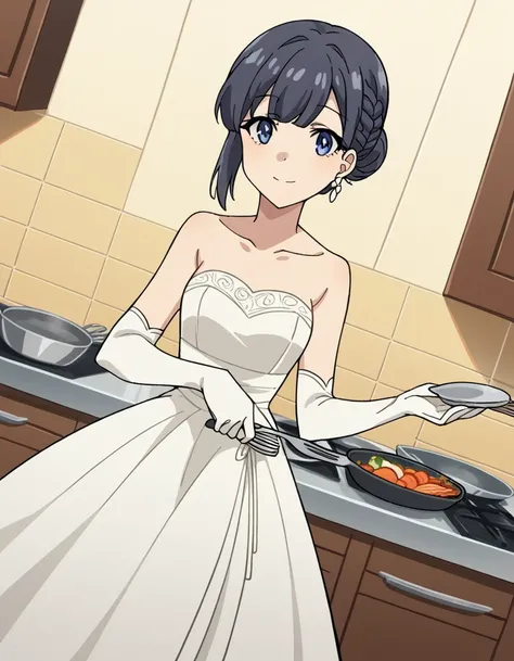 score_9, score_8_up, score_7_up, source_anime, <lora:shouko-makinohara-s1-movie-ponyxl-lora-nochekaiser:1>, shouko makinohara, blue eyes, black hair, braid,, hair bun, french braid, single hair bun, gloves, dress, bare shoulders, jewelry, collarbone, earri...