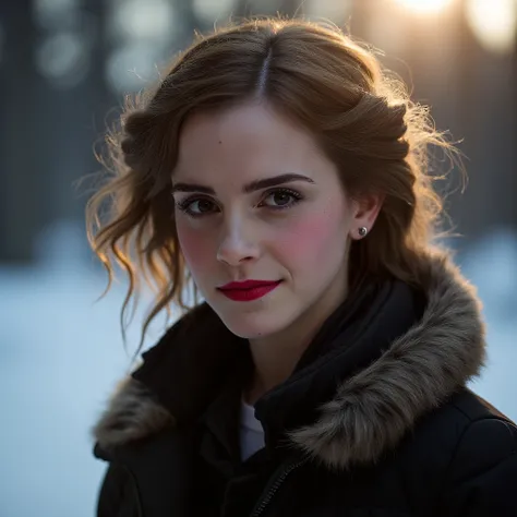 A clInstagram photo of a woman with freckles on her face in the winter outdoors silhouette illumination of her hair. Taken with a ProPhoto iPhone camera.  <lora:Emma_Watson-000052:1>