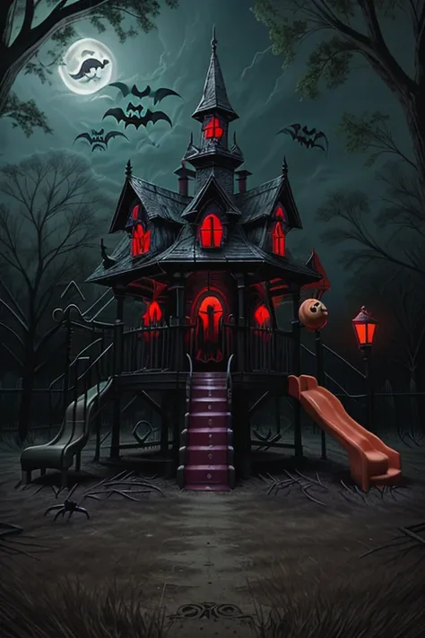 <lora:Genie_Spookified_V1:1>, a Spookified swing set on a playground, highly detailed,