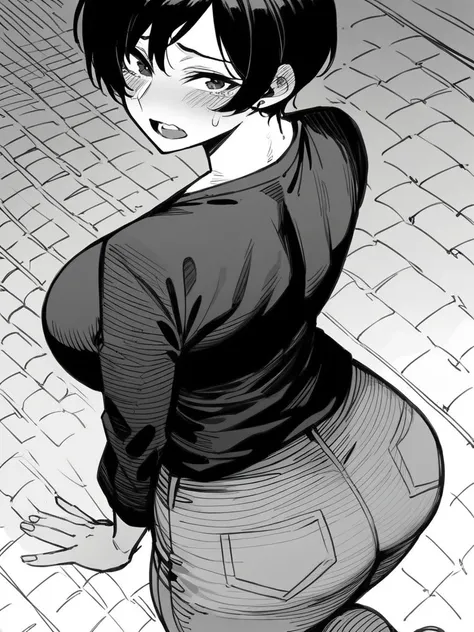 score_9, score_8_up, score_7_up, 
1girl, monochrome, black hair, short hair, large breasts, black t-shirt,  jeans, long sleeves,

looking at viewer, nervous, suprised, open mouth, from behind, from above, 