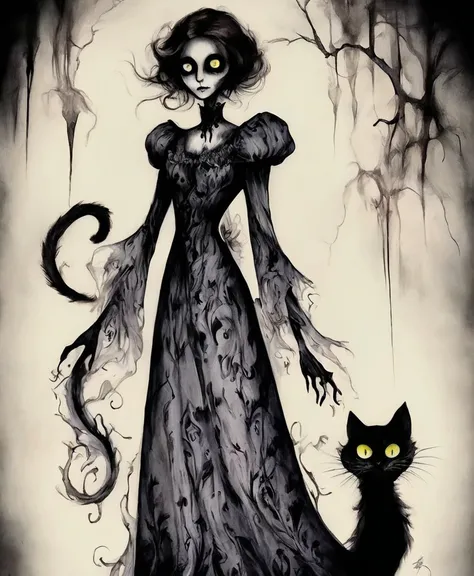 (Ink illustration), house cat, eerie, large glowing eyes, sharp claws, tufted ears, flowing tattered gown, sinuous tail,  dark ethereal mist, swirling shadows, intricate patterns on fur, eerie luminescence, unsettling, ghostly atmosphere, hauntingly, dark ...