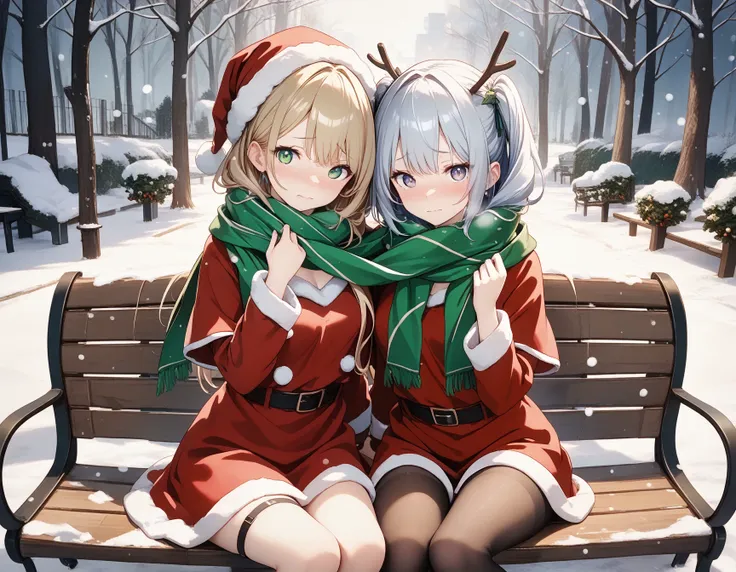 masterpiece, best_quality, 
break
2girls,
santa_costume,
embarrassed, looking_at_viewer,
shared_scarf,
snowing,
park_bench,
<lor...