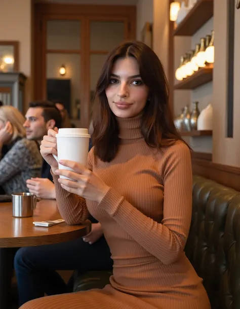 <lora:Emily_Ratajkowski:1> realistic photo,  emilyr,  wearing fitted turtleneck dress, sweater,  , sitting in a cafe having a coffee, looking at viewer, smiling