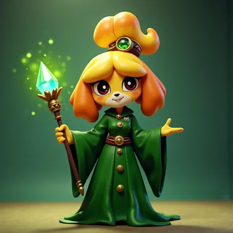 isabelle (animal crossing) dressed as a powerful arcane sorceress with a flowing emerald green robe, large gleaming gemstones stud the staff she holds in her hands, in 3D claymation style with a tilt-shift effect<lora:Isabelle_FLUX_v1_E5:1>