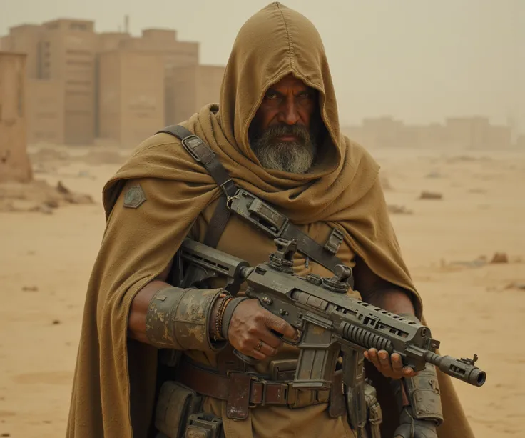 in the style of ohwx, grizzled-man as wasteland-gunslinger, dusty cloak and cowl, battle-scarred imposing face, wearing battered-desertpunk-garb, intricate desertpunk-firearms, fantasy wasteland, bright gray eyes, heavy dust-storm