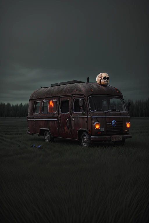 <lora:Genie_Spookified_V1:1>, a Spookified van in a field, highly detailed,