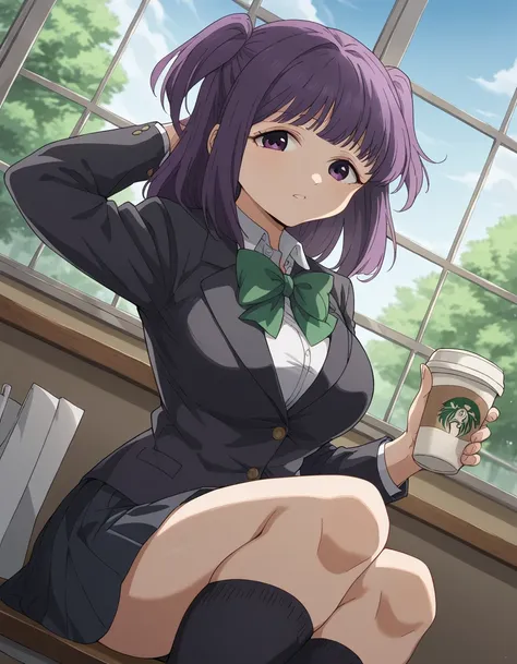 score_9, score_8_up, score_7_up, source_anime, <lora:riona-shijou-s1-ponyxl-lora-nochekaiser:1>, riona shijou, bangs, purple hair, purple eyes, medium hair, large breasts,, skirt, long sleeves, school uniform, jacket, socks, black skirt, two side up, black...