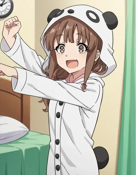 score_9, score_8_up, score_7_up, source_anime, <lora:kaede-azusagawa-s1-ponyxl-lora-nochekaiser:1>, kaede azusagawa, long hair, bangs, brown hair, brown eyes,, animal ears, tail, hood, pajamas, animal hood, animal costume, panda ears,, bedroom, alarm clock...