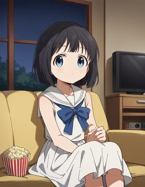 score_9, score_8_up, score_7_up, source_anime, <lora:kao-akebi-s1-ponyxl-lora-nochekaiser:1>, kao akebi, short hair, blue eyes, black hair,, dress, sleeveless, sailor collar, white dress, sailor dress,, living room, television, couch, popcorn, watching mov...