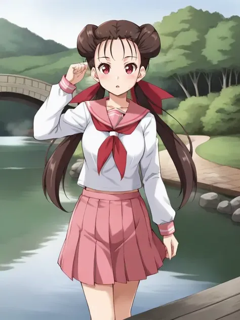 <lora:orasroxannetsukishiro:0.7>
1girl, solo, roxtsuannetsuji, brown hair, long hair, twintails, hair ribbon, white shirt, long sleeves, serafuku, neckerchief, pink skirt, school uniform, outdoors, lake, bridge, walking, parted lips, looking at viewer