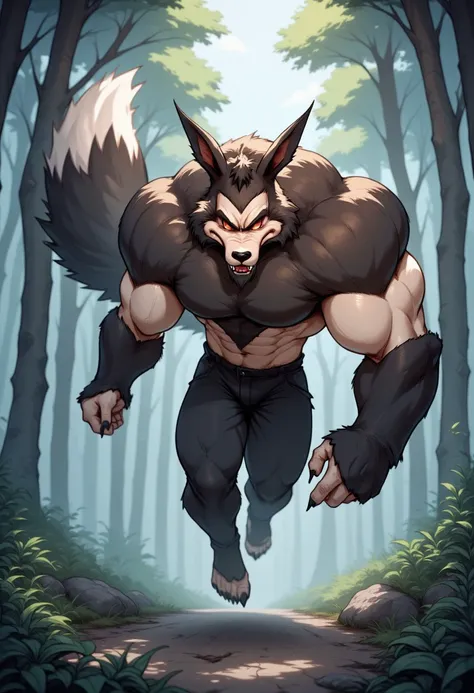 Xyusx,(Up perspective:1.0),close Portrait , Giant, muscular, wolf-like creature with enormous muscles, large arms, short legs, huge tail, pointy ears, is running quickly on all fours screaming through a beautiful fantasy forest