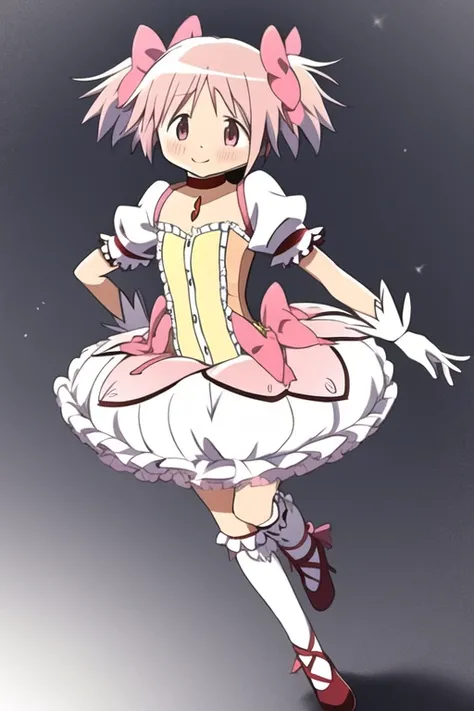 <lora:madokav1:1>,1girl,hair ribbon,kaname madoka,pink eyes,pink hair,ribbon,short twintails,twintails,solo,pink ribbon,magical girl,blush,bow,bubble skirt,choker,frills,full body,gloves,hair bow,kneehighs,red choker,short hair,skirt,smile,white gloves,whi...