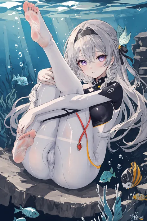 LiuYing,1girl,solo,full body,looking at viewer,closed mouth,hair between eyes,purple eyes,long hair,grey hair,black hairband,braid,hair ribbon,hair bow,ass,feet,thigh strap,hugging own legs,no shoes,white bodysuit,stirrup legwear,toes,signature,soles,fish,...