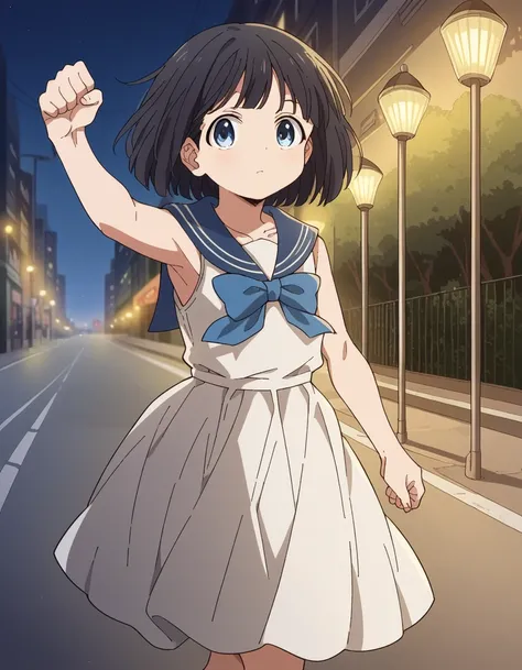 score_9, score_8_up, score_7_up, source_anime, <lora:kao-akebi-s1-ponyxl-lora-nochekaiser:1>, kao akebi, short hair, blue eyes, black hair,, dress, sleeveless, sailor collar, white dress, sailor dress,, city street, evening, streetlights, walking dog, quie...