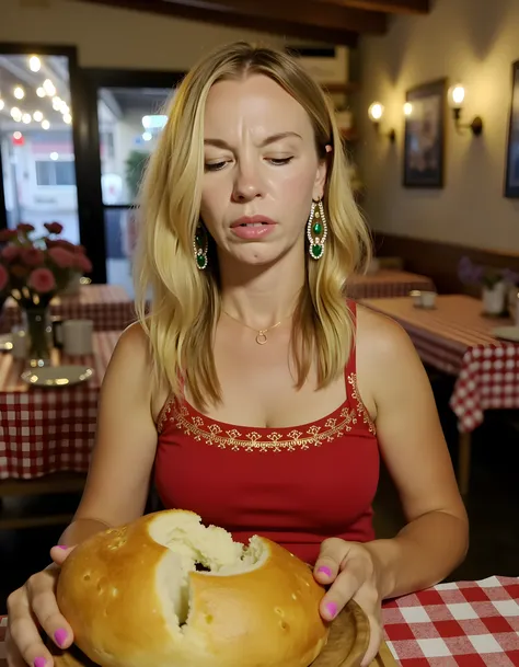 In a dimly lit, rustic Italian trattoria, the camera captures a close-up of J3NN4M, a stunning blonde woman with her eyes closed in a moment of contemplation. Her long, wavy hair cascades around her shoulders, framing her delicate features. She wears a for...