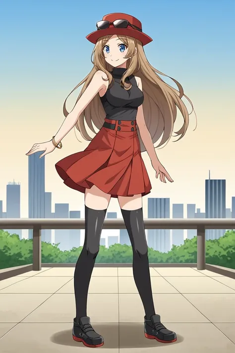 1girl, solo, sereXYna, light brown hair, long hair, blue eyes, red hat, eyewear on hat, black sleeveless shirt, red skirt, black thighhighs, bracelet,black shoes, full body, standing, outdoors, city, sky, smile