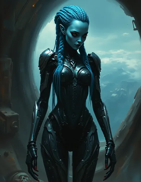 Female alien, adorned in a black and silver biomechanical exoskeleton armor, stands aboard a spaceship, her azure blue hair braided intricately, skin blue, surrounded by a fusion of Beksinski, Giger, Klimt, Bechtle, Dali, Hajime Sorayama, Pino Daeni, and C...