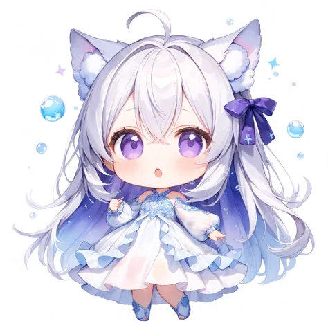 Full body shot. Cinematic angle. A very cute girl. Chibi. :o. Cute pose. Looking at viewer. (Round face:1.2). Detailed dark-purple eyes. Long straight hair. Hair ribbon. (Shine silver hair). (Shine silver inner hair).(Ahoge:1.05). Shine silvercat ears. Hai...