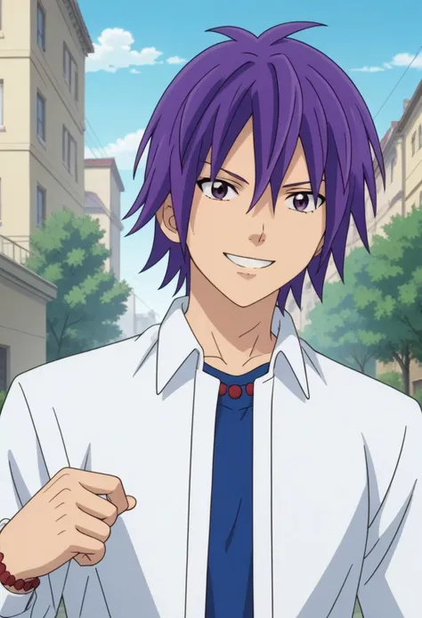 ((masterpiece)), ((best quality)), ((ultra-detailed)), score_9_up, score_8_up, score_7_up,
HD, top quality, best quality, High-quality illustrations, anime screencap, Reita Toritsuka, purple hair, hair down, purple eyes, handsome, attractive, happy, smilin...