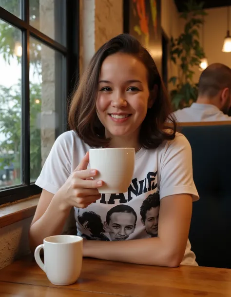 <lora:Amai_Liu_Flux:1> realistic photo,  amailiu,  wearing a band tshirt, sitting in a cafe having a coffee, looking at viewer, smiling