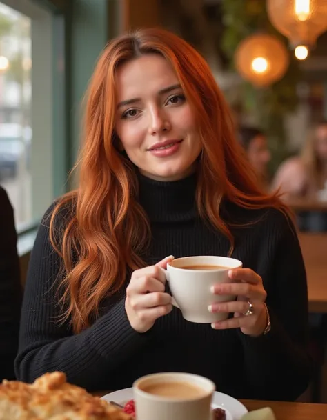 <lora:Bella_Thorne:1> realistic photo of  bellathorne,  makeup, wearing a turtleneck sweater dress, sitting in a cafe having a coffee, smiling, looking at viewer.