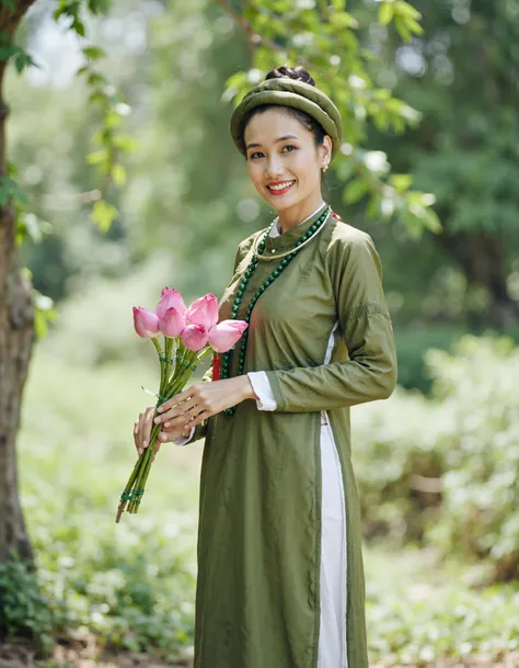 aodaivn6, Vietnamese, The image is a portrait of a young woman wearing a traditional Vietnamese dress and a green hat. She is standing in a garden with trees and greenery in the background. The woman is holding a bouquet of pink flowers in her left hand an...