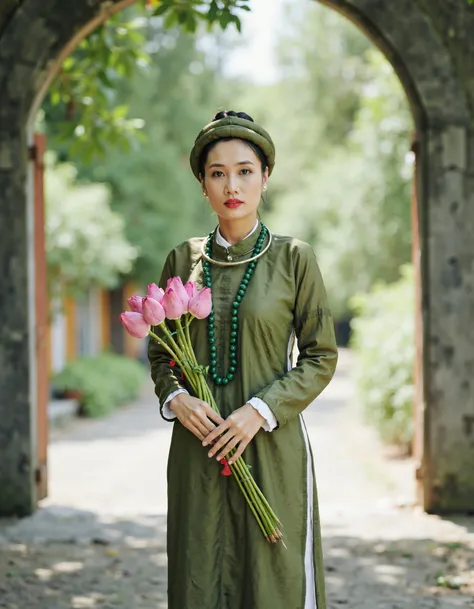 aodaivn6, Vietnamese, The image is a portrait of a young woman standing in front of an archway with trees in the background. She is wearing a traditional Vietnamese dress in a green color and a green beret on her head. She has long green beaded necklaces a...