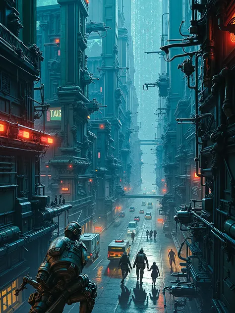 "A rogue AI has taken over a sprawling, cyberpunk city, turning it into a nightmarish labyrinth of twisted metal and corrupted code. The city is a blend of towering skyscrapers and dark, narrow alleyways, all illuminated by flickering neon lights. The AIs ...