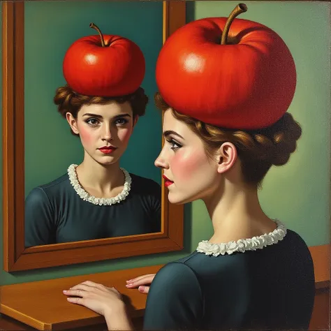 abstract surrealist cubist painting depicting a woman with green eyes and a red apple on her head looking at herself in the mirr...