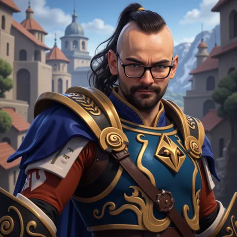 3lx0k4s, photo of a 1boy, medium shot, wearing glasses, facial hair, as A Human in Warcraft is a versatile and resilient figure, typically characterized by their average height and build compared to other races. Humans have a wide range of skin tones, hair...