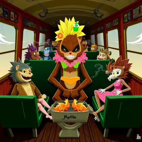 RTMI style. Character design. In this eerie and surreal scene, a taxidermied mink (visón) sits at the center of a retro-style bus. The mink, with its sleek fur and elongated body, has an unnerving expression, its wide, glassy eyes fixed in a disoriented st...