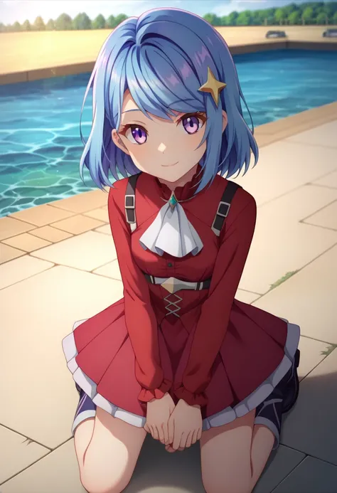 score_9, score_8, score_7, 1girl, solo, sastyle, saMaha, saMahaY, (mahahairclip, star hair ornament:0.5), blue hair, medium hair, purple eyes, small breasts, young, lake shore, light smile, kneeling, white ascot, red dress, BREAK
extremely detailed, perfec...