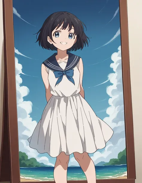 score_9, score_8_up, score_7_up, source_anime, <lora:kao-akebi-s1-ponyxl-lora-nochekaiser:1>, kao akebi, short hair, blue eyes, black hair,, dress, sleeveless, sailor collar, white dress, sailor dress,, museum, art exhibit, paintings, observing, quiet cont...