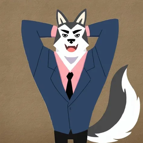 Inigo-Hayopka, Siberian husky, cartoon, anthro dog, husky ears, 1boy, male, solo, 
((blue suit)), ((pink undershirt)), black tie, black pants, arms behind head,
black eyes, black nose, tail, 
smiling, mouth open, looking at viewer, arched eyebrows, seducti...