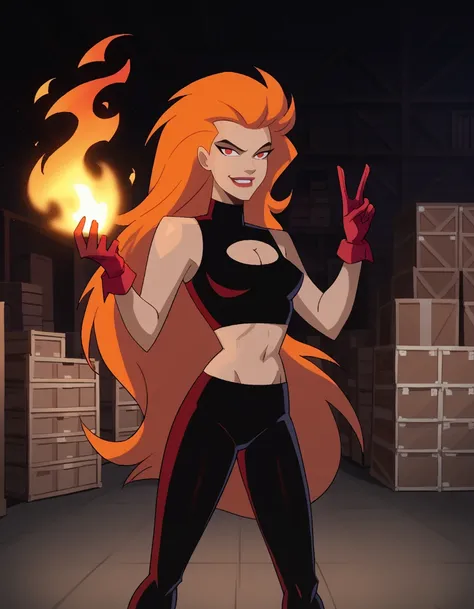 score_9, score_8_up, score_7_up, dcaustyle, 1girl, volcana, orange hair, very long hair, red eyes, cleavage cutout, pointy breasts, midriff, black clothing, leggings, red gloves, hand up, shooting fire from her hand, (smirk:0.6), dark background, warehouse...