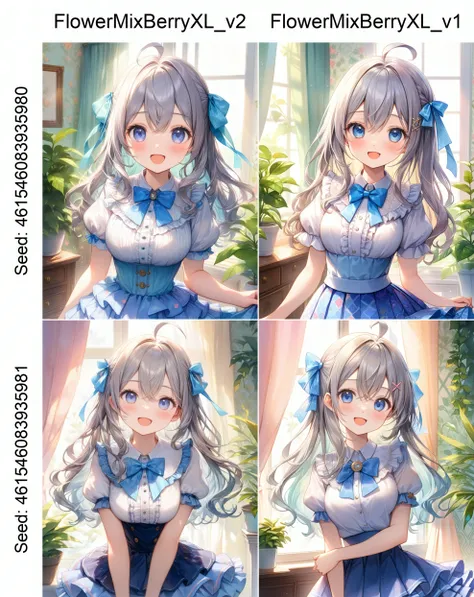 (Portrait:1.1). Upper body shot. (Shooting from front:1.1).
A cute girl. Solo.
Happy expression. Open mouth.
Contrapposto. Head tilt. Looking at viewer.
(Round face:1.1). Detailed dark-blue eyes. Tareme.
Long wavy hair. Hair ribbon. (Gray hair). (Gray inne...