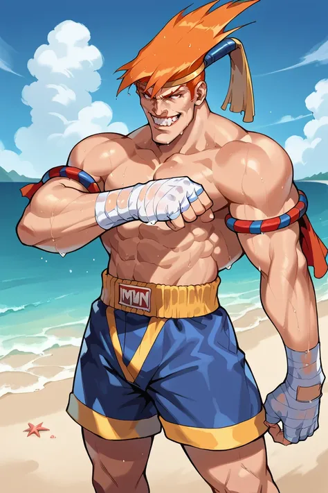 score_9, score_8, score_7, Adon_SFA, 1guy, orange hair, headband, shorts,hands behind heard, beach, wet skin,shirtless, muscular, grim, teeth<lora:EMS-463354-EMS:1.000000>