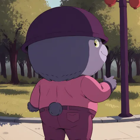 score_9, score_8_up, <lora:peludito-v1-14:1> uwpeludito, purple bear, from behind, looking at viewer, jacket, helmet, pants, masterpiece, smile