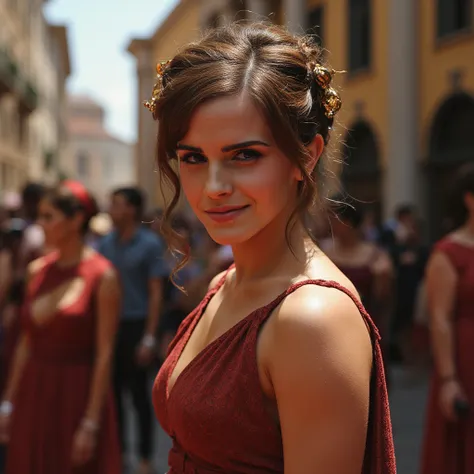 instagram selfie of a woman during the ancient roman empire standing in the middle of a marketplace in ancient rome with people ...