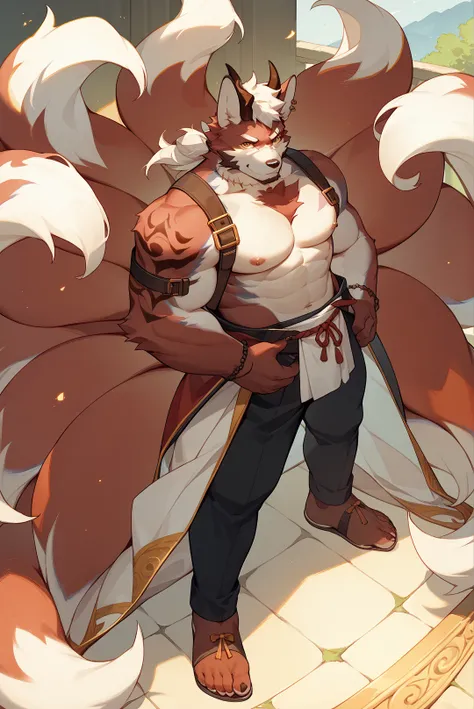 solo, 1wolf  boy, animal ears, full body, White hair, bara,tattoo,many tails,kemono ,BREAK point_9_up,score_8_up,score_7_up,score_6_up,score_5_up,score_4_up, <lora:Baruswolf:1.2>,(anime eyes with yellow pupils  anime), red fur,(Focus on facial details:1.2)...