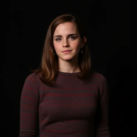 a closeup portrait photo of a woman with medium length hair who gazing directly at the camera with a neutral expression. she is ...