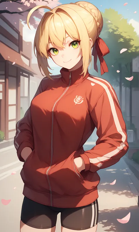 score_9, score_8_up, score_7_up, BREAK source_anime, 1girl, solo, outdoors, street, cherry blossom, cowboy shot,  looking at viewer, nero, green eyes, blonde hair, sidelocks, ahoge, single hair bun, french braid, red ribbon, hair ribbon, red jacket, track ...