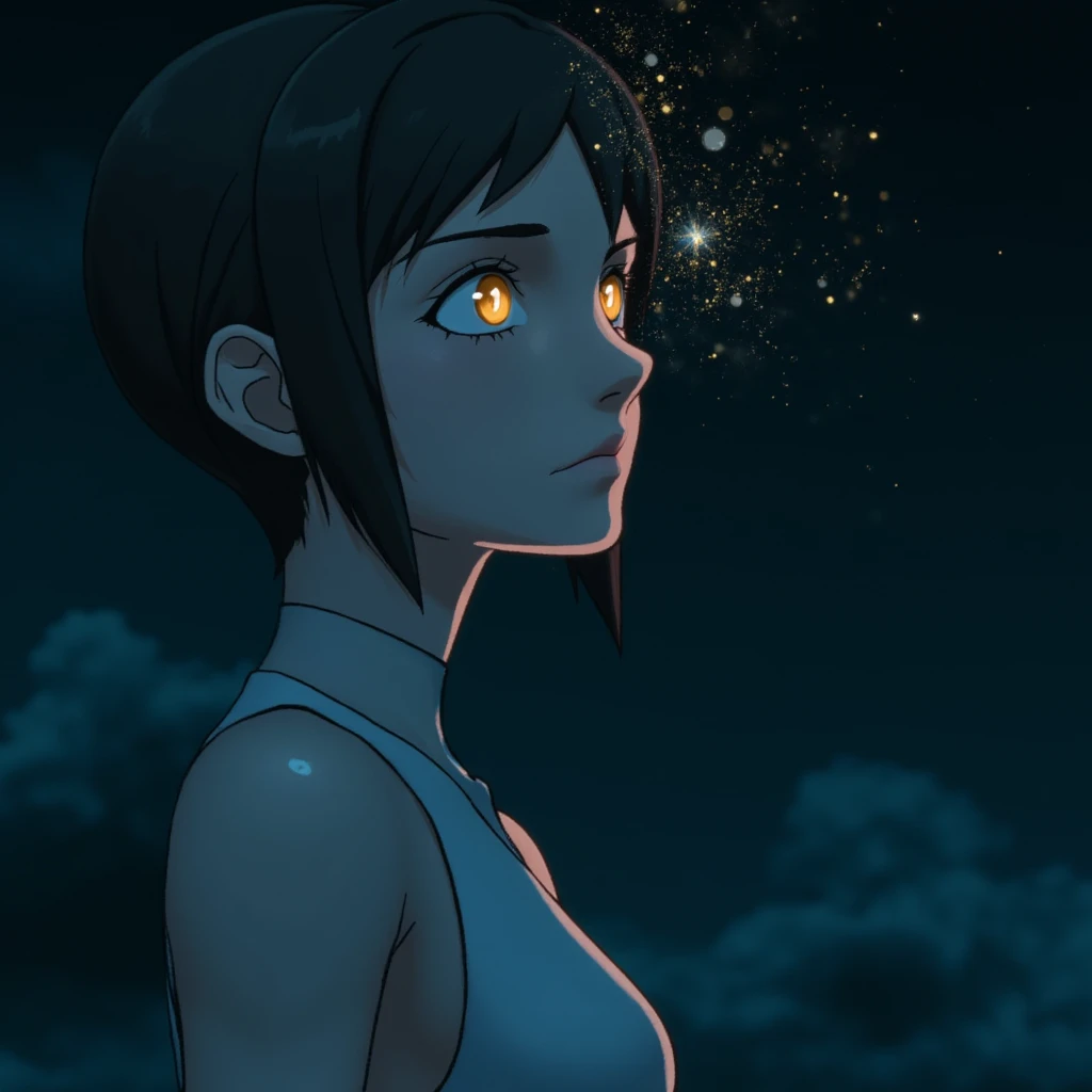 anime screencap featuring a minimalist and abstract side profile of a robot woman with a universe sprouting from her mind as she...