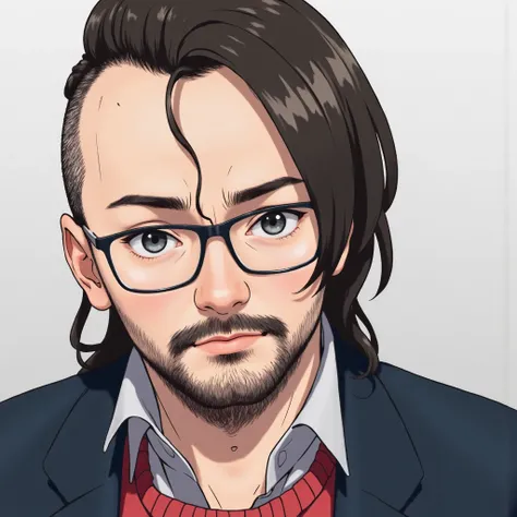 3lx0k4s, photo of a 1boy, medium shot, wearing glasses, facial hair, mustache, ponytail, as an anime