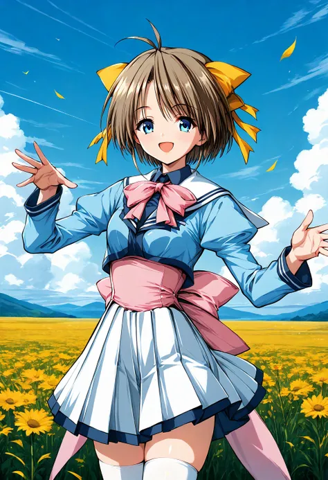 1girl, solo, (field:1.2), (sky:1.2), smile, (cowboy shot, dynamic pose:1.4), 
katase_yuki, blue eyes, brown hair, short hair, antenna hair, hair bow, yellow ribbon, pink bowtie, pink bow, school uniform, white sailor collar, blue shirt, long sleeves, puffy...