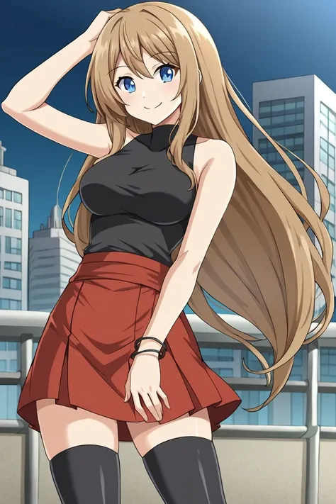 1girl, solo, sereXYna, light brown hair, long hair, blue eyes, black sleeveless shirt, red skirt, black thighhighs, bracelet, cowboy shot, standing, outdoors, city, standing, hand on hair, smile