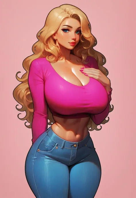 score_9, score_8_up, score_7_up BREAK 1girl, female, huge breasts, thick thighs, wide hips, blonde hair, long hair, wavy hair, pink clothes, jeans, ickpot style <lora:ickpot-v2:0.8>